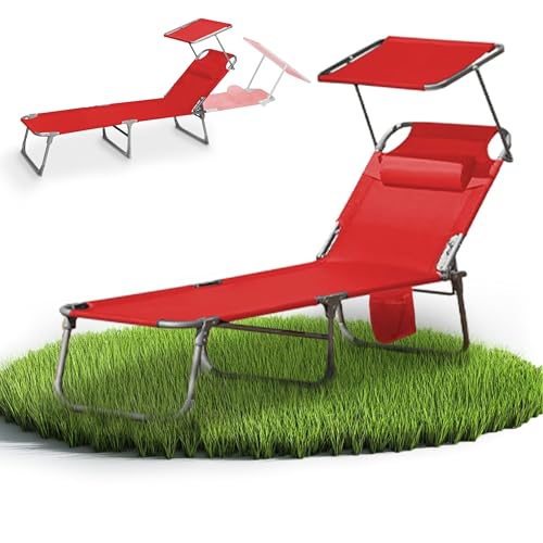 VCM Sonnenliege klappbar | Maße ca. L. 185 x H. 24 x B. 55 cm | Gartenliege faltbar | leicht und kompakt | Liegestuhl mit verstellbarem Sonnendach Rot