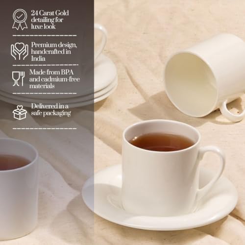 Image of GOLDEN QUEEN'S Cups, Saucer & Spoons Set for Coffee /Tea /Hot Drinks - Set of 18 pcs (Maison White Cups & Saucers)