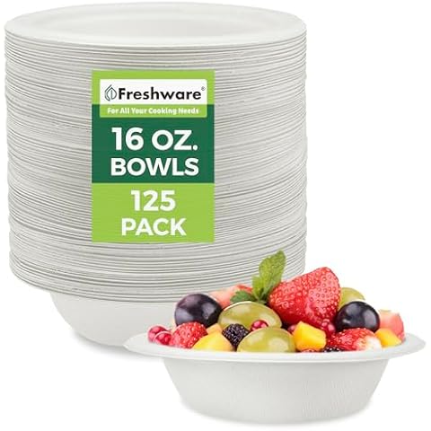 Freshware Paper Bowls - Disposable 16 oz. Soup Bowl, 125-Pack Biodegradable Sugarcane Fiber Serving Bowls - Heavy Duty Bagasse for Hot Food Plates - Microwave & Freezer Safe, Stackable Dinnerware Cover