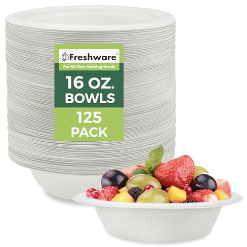 Image of Freshware Paper Bowls - Disposable 16 oz. Soup Bowl, 125-Pack Biodegradable Sugarcane Fiber Serving Bowls - Heavy Duty Bagasse for Hot Food Plates - Microwave & Freezer Safe, Stackable Dinnerware