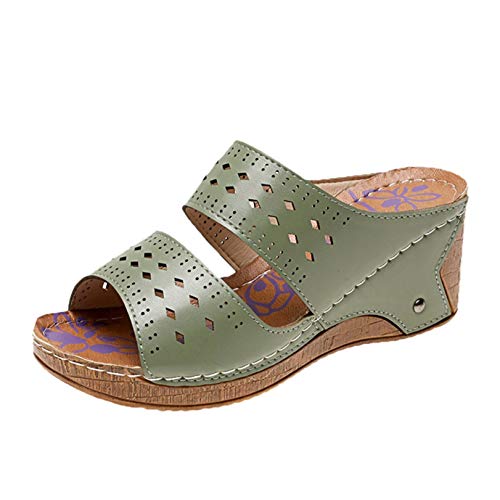 TEEL ONG - Sandalias de tacón con cuña para mujer, con puntera abierta, puntera abierta, con tachuelas, decoración básica y transpirable, para mujer, color Verde, talla 39 EU