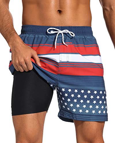 Silkworld Swim Trunks Men Bathing Suit With Compression Liner Quick Dry 5 Inch Inseam American Flag Beach Swim Shorts,American Flag,Medium #TOP16