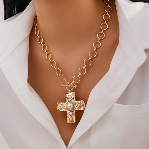 Chunky Cross Necklace for Women Statement Chunky Gold Necklace Pearl Cross Pendant Necklaces Layered Vintage Toggle Clasp Necklaces Jewelry2