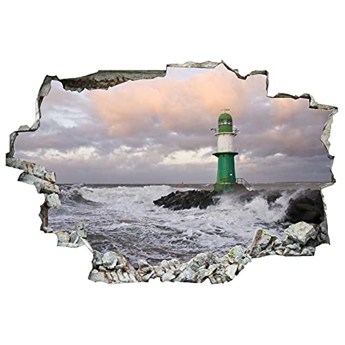 Godblessign Sea Waves Lighthouses Stones Clouds Wall Decal Landscape 3D Break Through Sticker Removable Pvc Funny Art Christmas Home Decor Vinyl Mural For Boy Kids Room Living Room, 36Inx24In #TOP1