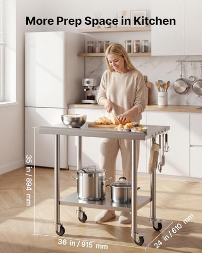 Image of VEVOR Stainless Steel Work Table, 24x36 inch Food Prep Table with Wheels and Backsplash, Commercial Kitchen Workstation with Adjustable Undershelf, Metal Utility Worktable, for Restaurant Home Outdoor