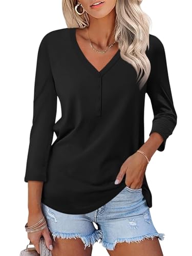 Minetom Women's V Neck 3/4 Sleeve Tops Casual Button Shirts Basic Summer Tees, A Black, XL