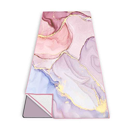 Prukivra Non Slip Yoga Towel With Anchor Fit Corners,Mat Sized,Sweat Absorbent,Microfiber Hot Yoga Towel For Women & Men,71" L X 26" W,Pink Marble #TOP8