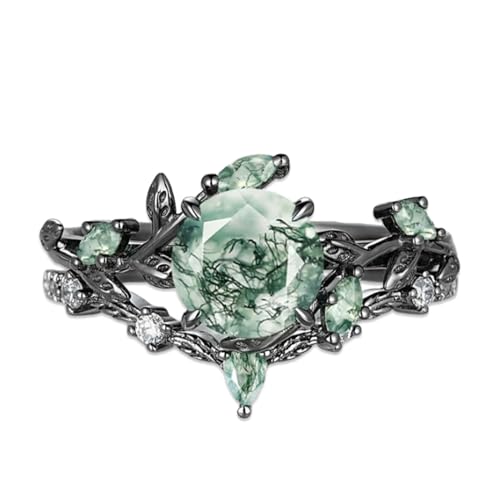 Round Cut Moss Agate Engagement Ring Set for Women 1.5Ct Natural Moss Agate Wedding Ring Set Sterling Silver 10K 14K 18K Gold Bridal Rings Set Size 4-12