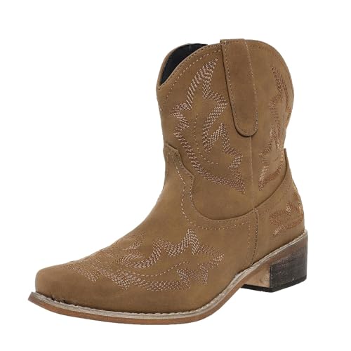 Cowboy Short Boots for Women Embroidered Stitched Wedding Western Cowgirl Ankle Booties Low Chunky Heels Pointed Toe Mid Calf Boots