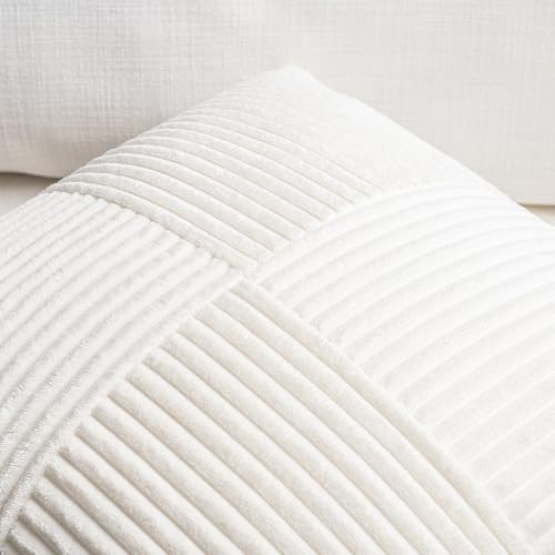 Image of Fancy Homi Set of 2 Cream White Boho Long Lumbar Body Decorative Throw Pillow Cover 14x36 Inch for Bed Couch Bedroom Bench, Soft Patchwork Corduroy Textured Pillow Case, Rustic Farmhouse Room Decor