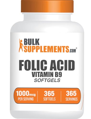 BulkSupplements.com Folic Acid Softgels - Vitamin B9 Folic Acid 1000 mcg Folate Supplement - Gluten Free 1 Softgel per Serving 365 Count (Pack of 1)