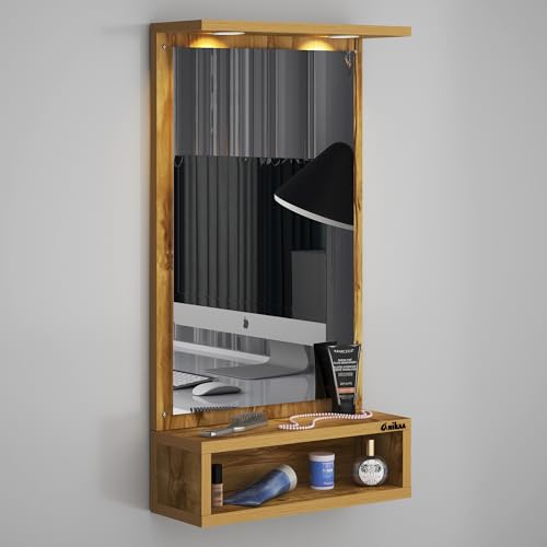 Image of Anikaa Jinny LED Light Wall Hanging Dressing Mirror Home Decor Wall Mirror Decorative Wall Mirror for Living Room Bedroom - Gaintwood (D.I.Y - Do-It-Yourself), Rectangular, Brown