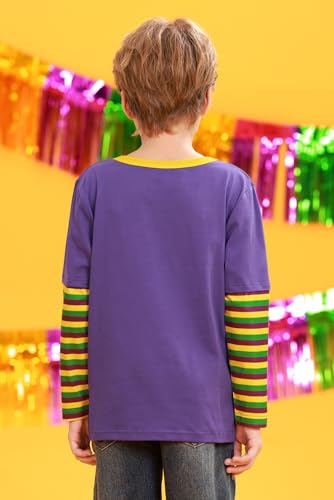 Image of Unisex Kids St Patrick's Mardi Gras Stripe Patchwork Long Sleeve Carnival Shirt 4-14 Years