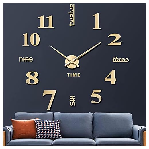 VREAONE Frameless DIY Wall Clock,Large Modern 3D Mirror Wall Clock Decor Sticker DIY Clock kit for Home Living Room Bedroom Office Wall Decorations(Gold)