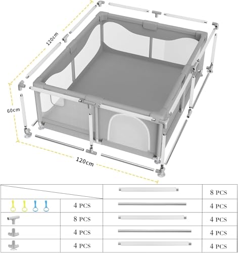 SKY-TOUCH Baby Playpen | Portable Playard for Babies | Sturdy Anti-Fall Baby Playpen Activity Center | Breathable Mesh | 4 Pull-Up Ring｜Install Accessories | 120 * 120cm,Gray,Indoor&Outdoor