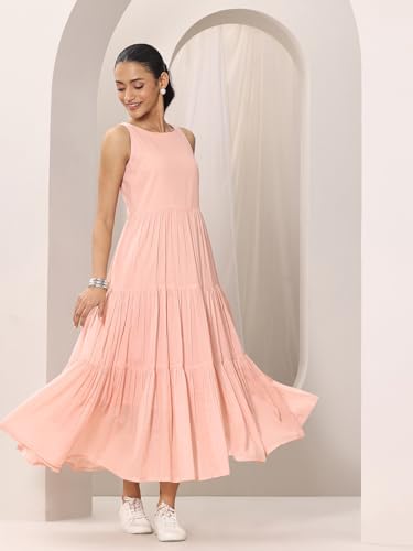 Image of Libas Solid Cotton Fit and Flare Dress for Women