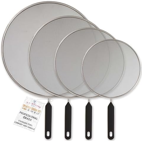 U.S. Kitchen Supply Set of 4 Classic Splatter Screens, 13", 11.5", 10", and 8" - Stainless Steel Fine Mesh, Comfort Grip Handles - Use on Boiling Pots Frying Pans - Grease Oil Guard, Safe Cooking Lid Cover