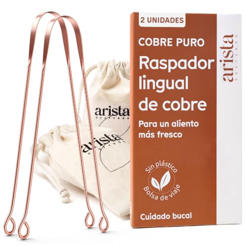 Arista Raspador de lengua Pack de 2, Limpiador lengua cobre contra el mal aliento, Raspador lengua cobre Ayurveda, Limpiador lengua para adulto higiene bucal
