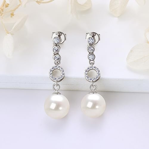 Freshwater Pearl Drop Earrings, 925 Sterling Silver Cultured Pearls Dangle Earrings with Cubic Zirconia, Wedding Anniversary Jewelry Gifts for Women Wife Bride2