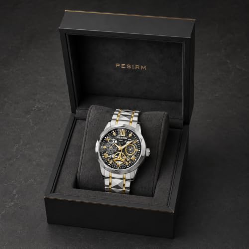 Image of Watch for men,Men's skeletonized quartz watch with black and gold two-tone stainless steel case, analog display, date display, water-resistant, luminous display, men's waterproof quartz watch. (Black dial and silver strap)
