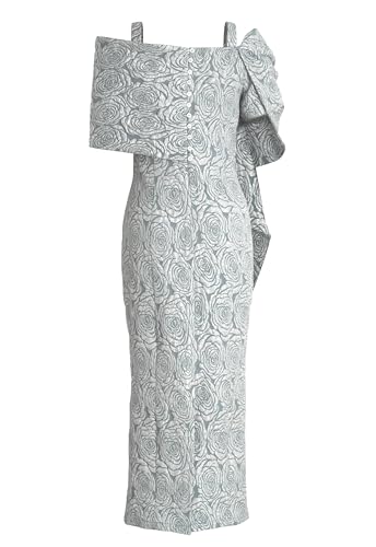 CHIC STAR Womens Evening Gown Dress, Jacquard Fabric with Rose Pattern, Dramatic Asymmetric Off-Shoulder Neckline2