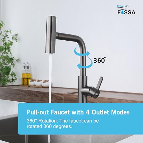 Image of Fossa Pull-Out Kitchen Faucet | Stainless Steel Sink Faucet with Single Lever Control | Rainfall & Waterfall Flow Modes | 360 Swivel Spout | Pull-Out Spray for Kitchen Sinks Black (Matte Finish)