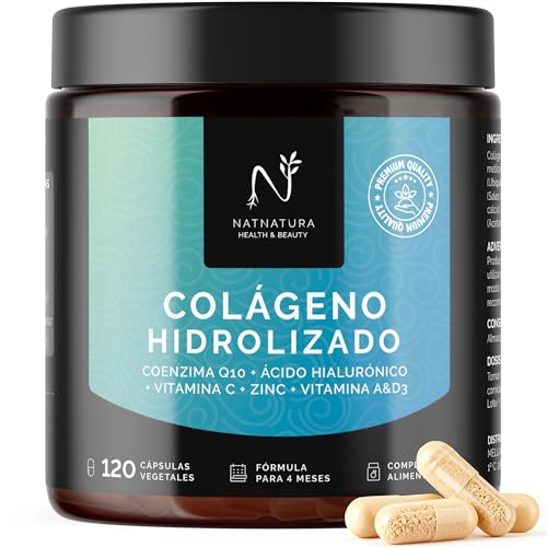 Colágeno Hidrolizado con Ácido Hialurónico y Vitamina C. Tratamiento para 4 Meses. Con Coenzima Q10, Zinc, D3 y A. Piel más firme y Articulaciones saludables. NATNATURA