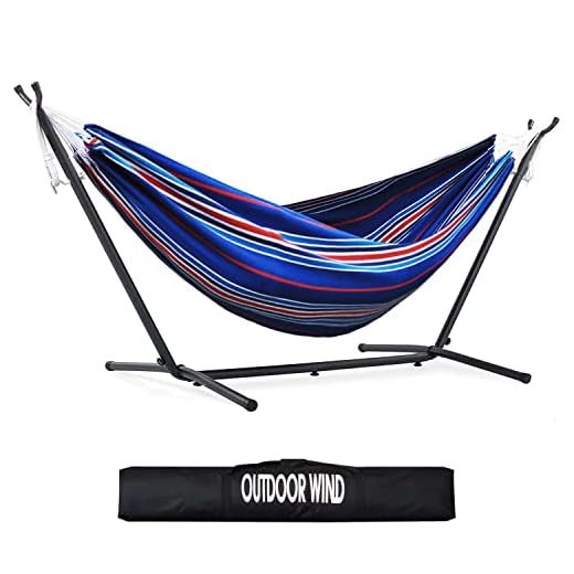 OUTDOOR WIND 550lbs Capacity Double Hammock Adjustable Hammock Bed with 10ft Heavy Duty Steel Stand Includes Portable Carrying Case, Easy Set up