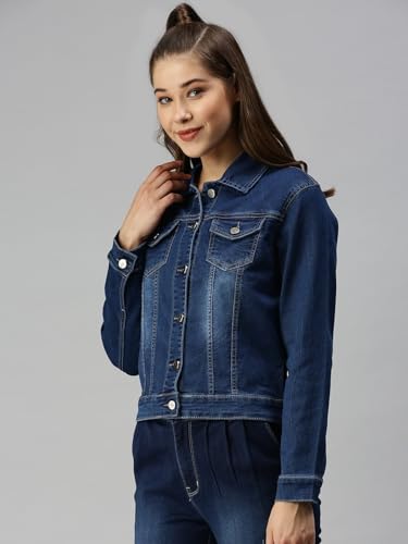 Image of SHOWOFFFF Women Solid Denim Jacket | Spread Collar Full Sleeves Cotton Jacket for Womens | Regular Fit Regular Length Jacket for Women's