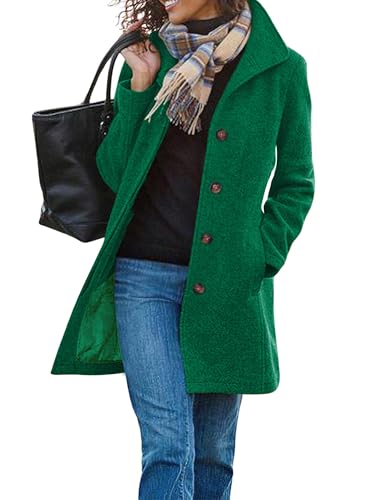 ETCYY Womens Coats Winter Long Wool Coat Trench Coat Fall Clothes Casual Blazers Notch Lapel Breasted Jacket Blend Peacoat,Pure Green,Small