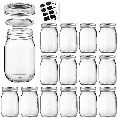 Accguan 16oz / 500ml Mason Jars with Airtight Lids, Glass Jar With Regular Lids, Clear Glass Jar Ideal for Jam,Honey,Wedding Favors,Shower Favors, Set of 15 Cover