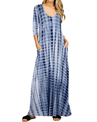 Jacansi Womens Maxi Dresses with Sleeves 3/4 Long Sleeve Tie Dye Long Hoodie Dress (004-Blue, 3XL)