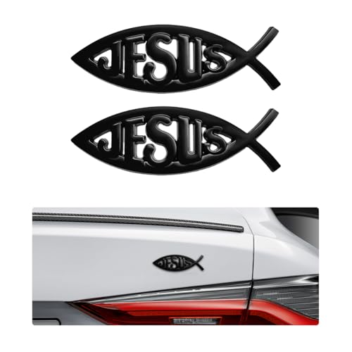 Image of DXNQ 2PCS Jesus Fish Decal Sticker, 3D Car Decal Jesus Christian Fish Symbol Chrome Emblem, Faith Fish Stickers Religious Metal Badge Auto Decor for Truck Motorcycle Fridge (Black)