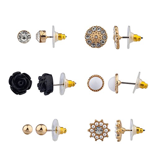 Lux Accessories Black Rose Pave Disc Faux Pearl Flower Floral Multiple Stud Earring Set