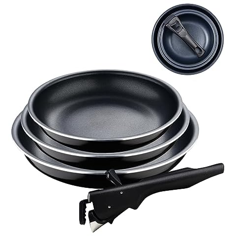 Bergner Click&Cook Black Edition | Set of 4 Frying Pans 18, 20 and 24 cm + Removable Ergonomic Handle | Pressed Aluminium and Non-Stick | For All Types of Cookers and Oven Cover