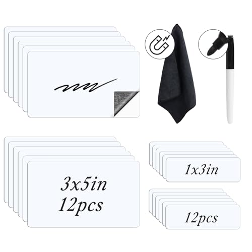 HAPYSHOOP 26-Pack Dry Erase Labels Kit - Label Notes with Magnetic Eraser Cloth | Mini Whiteboard Label Stickers for Chalkboard, Glass, Metal, Plastic (Black Pen + 2 Sizes Stickers)