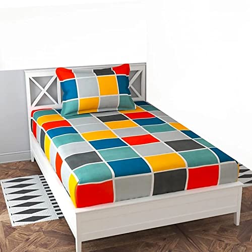 Image of KAWI Cotton Feel Elastic Single Fitted Bedsheet,Elasticated Fitted Bed Spread With 1 Pillow Cover For Single Bed Size(48X72 Inch,4X6 Feet,Multi Color),200 TC