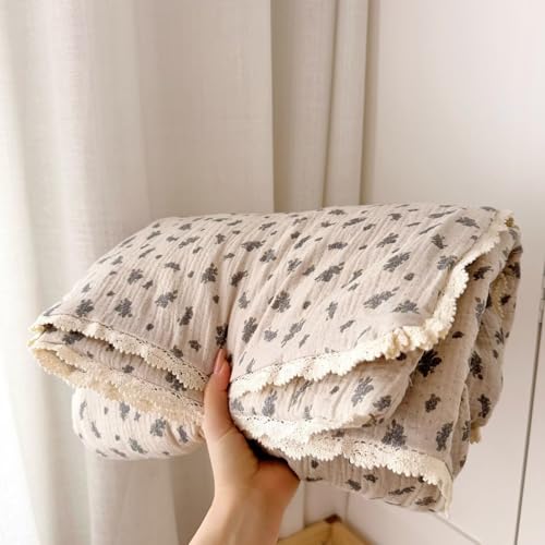 Image of BuLuTu Double-Layer Cotton Muslin Toddler Bed Blanket Lightweight Baby Quilt, Vintage Orchid Flower Print Crib Comforter with Chic Lace Edges, Soft Breathable Kids Blankets, 47x59 Inches