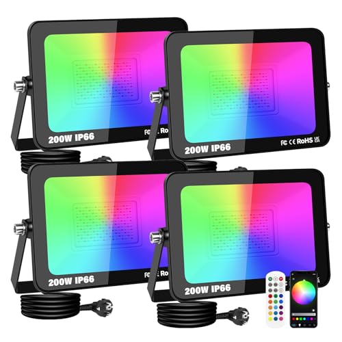 RIGIDON 4 x Foco LED Exterior RGBW, 200W 20000LM foco inteligente LED con APP control, Proyector LED Cambio de Color Impermeable IP66 Luz de Inundación RGB con Enchufe para Fiesta, Terraza, Jardin