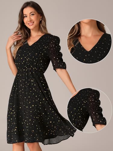 Allegra K Chiffon Dress for Women's Metallic Stars Ruched Sleeve V Neck A-line Dress2
