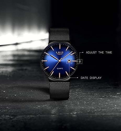 LIGE Mens Watches Unisex Ultra-Thin Simple Blue Stainless Steel Sport Chronograph Waterproof Analogue Quartz Fashion Casual Women Wristwatches