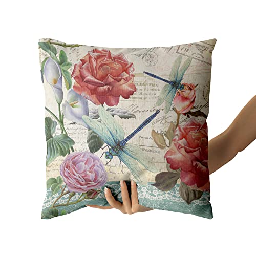 Giwawa Vintage Floral Throw Pillow Covers Set Of 2 Dragonfly Butterfly Decorative Cushion Case For Home Sofa Couch Chair Bedroom, 18 X 18 Inch #TOP3