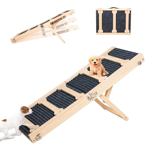 GENMOUS 30.5' Wooden Adjustable Dog Ramps for Bed,5 Levels Height Pet Steps for Small Dogs and Cats,Non-Slip Balanced Dog Indoor Outdoor Ramp,Wood Color