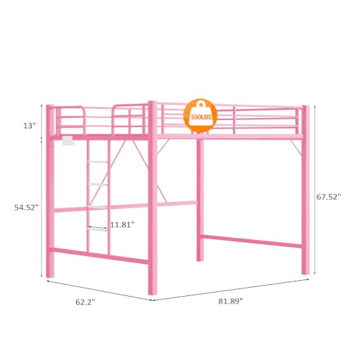 Image of VINGLI Loft Bed Queen Size with Charging Station and LED Lights,Safety Guardrail and Stair for Teens /Adults, No Box Spring Needed, Heavy Duty Metal Support Slat, Pink