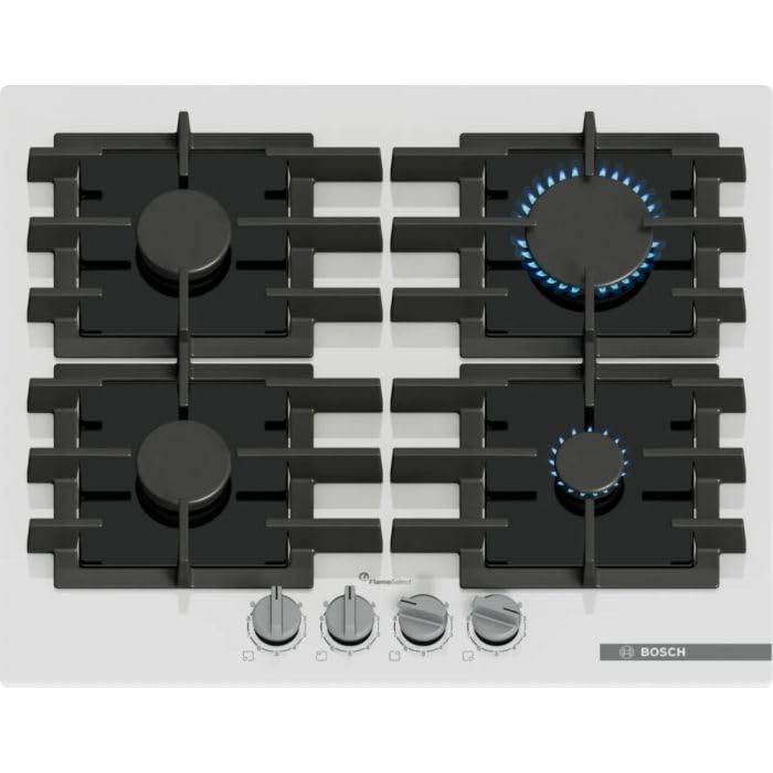 Bosch PPP6A2I40 Série 6 Plaque de cuisson à gaz, 4 feux, 60 cm, verre trempé, quartz blanc