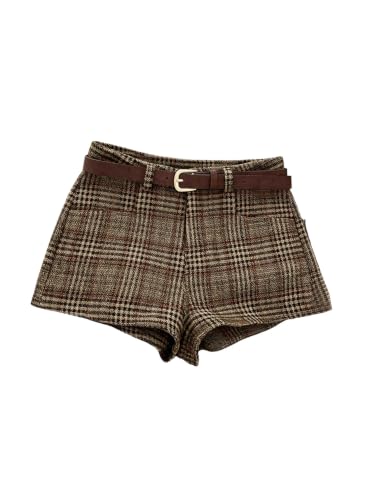 SweatyRocks Women's Retro Plaid Mini Shorts Dressy Tweed Short with Pocket | Fall Winter Shorts, Tailored Shorts, Y2k Preppy Clothes, Academia Clothing, Business Casual Outfit, Brown, Small