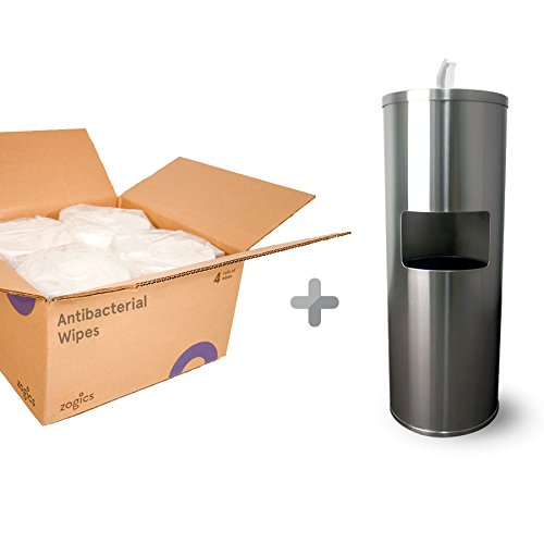 Zogics Antibacterial Wipes (4 Rolls/Case) + Stainless Steel Gym Wipes Floor Dispenser with Door