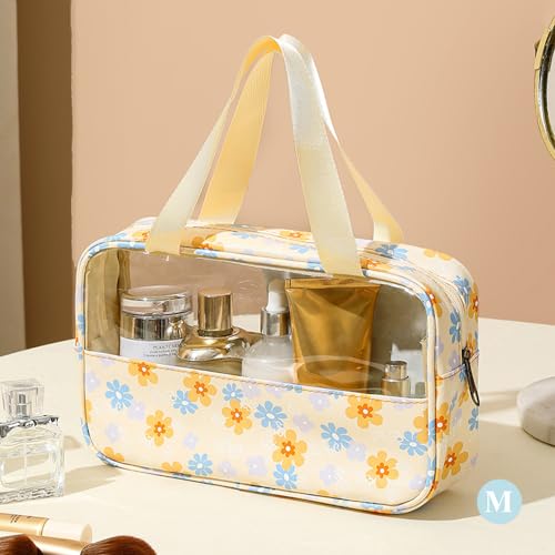 Travel Toiletry Bag, Clear Makeup Bags with Handles, Floral Pattern Shower Bag, 3 Pcs Waterproof Toiletry Bag Set for Camp, Travel, Gym (Yellow, Floral)4