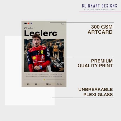 Image of BLINKART Charles Leclerc | F1 Racing Player | Synthetic Wood Photo Framed Wall Hanging Poster Room & Office Bedroom Living Boys And Girl Room Home Wall Hanging | 12x18 Inches