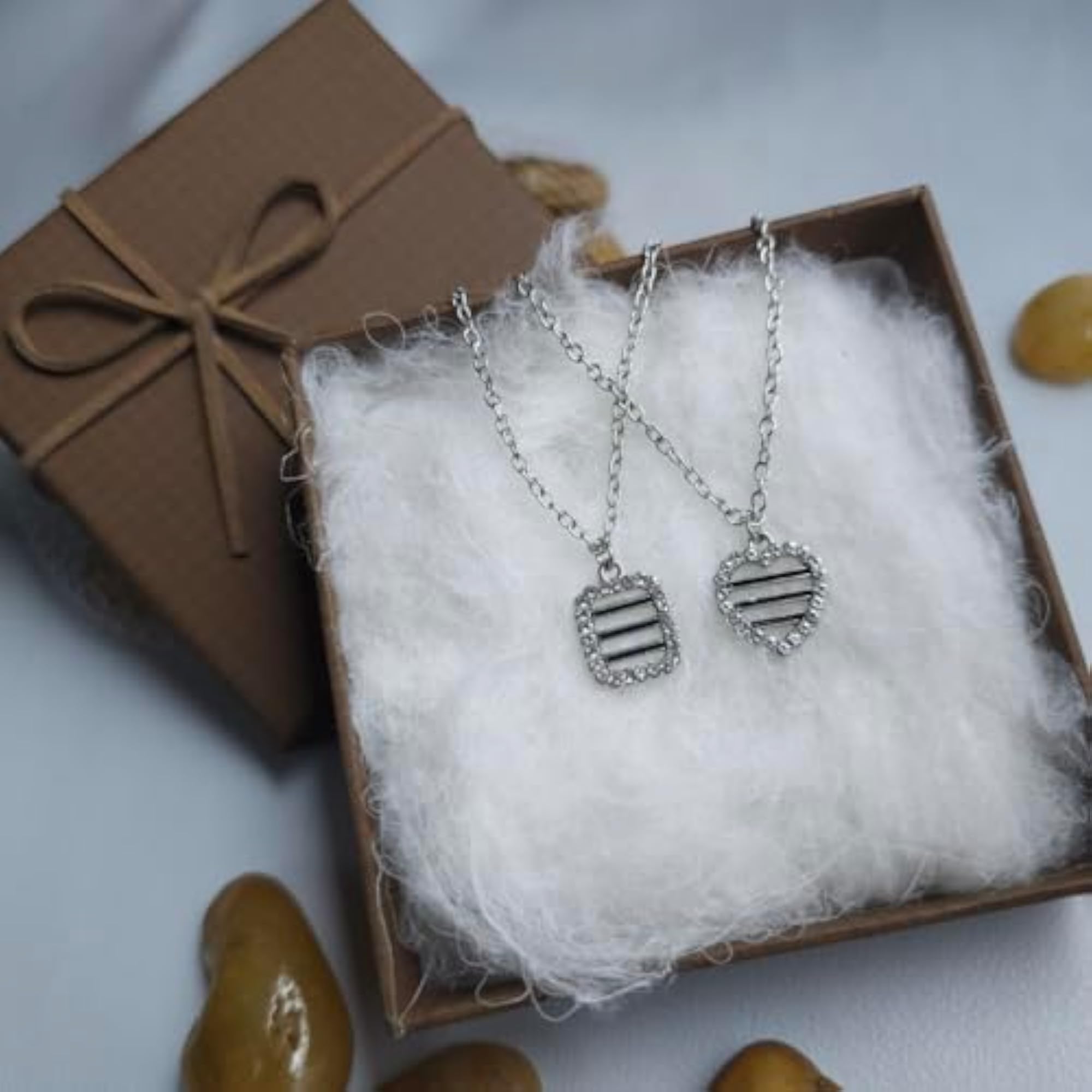 2 PCS Diamond Halo Pendant Necklace Set, Square & Heart Shape